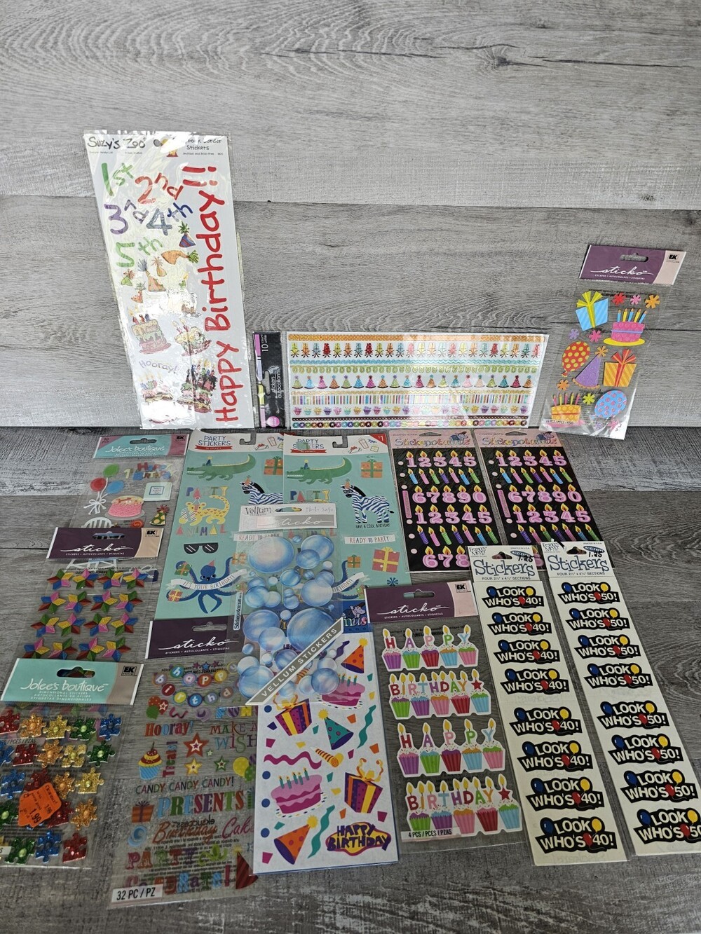 Vintage Birthday Stickers Lot Scrapbooking Card Making Junk Journal Suzy's Zoo +
